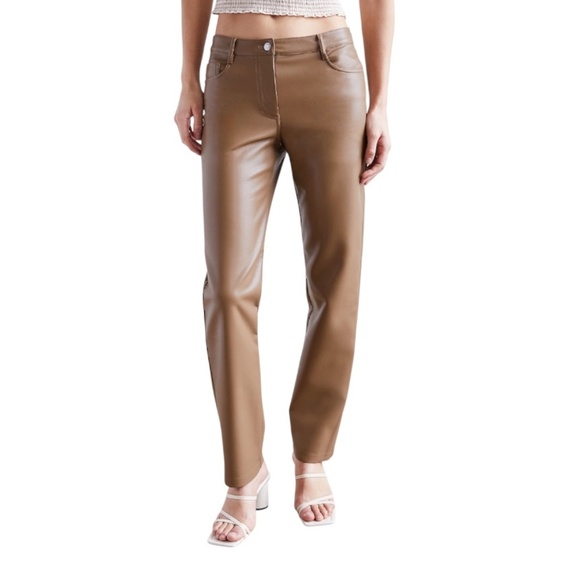 Aritzia Wilfred Melina low rise vegan leather tan slim straight leg pants 8 - Picture 2 of 14